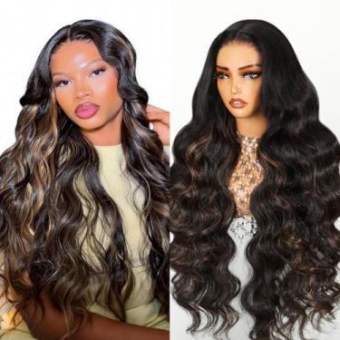 Imagem de TESLAL Peruca P1B/30 Highlight Wear and Go sem cola, pré-cortada, ondulada corporal, 15 x 15 cm, alta definição, fibra de cabelo e cabelo humano da Crafted Technology, densidade de 260%, 60 cm