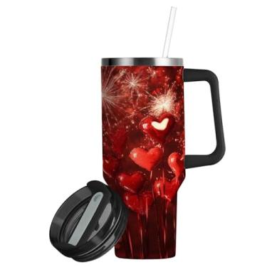 Imagem de ATTX Copo de fogo de artifício de coração de 850 g com alça, copo de aço inoxidável a vácuo de parede dupla com palha, caneca de café isolada para viagem #177