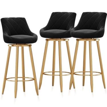 Imagem de Conjunto de 3 bancos de bar giratórios, modernos bancos estofados de veludo com encosto e pernas de metal dourado, cadeiras ilha com apoio para os pés, preto, 75 cm