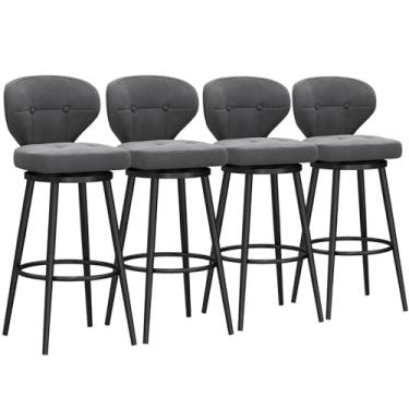 Imagem de Banquetas de bar estofadas giratórias de veludo com apoio para os pés de metal, bancos de bar com altura giratória conjunto de 4, bancos de balcão com encosto, cadeira de bar moderna para ilha de