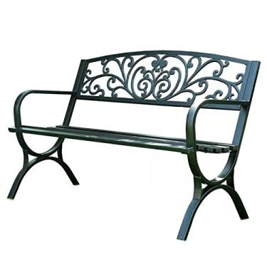 Imagem de Banco de jardim ao ar livre, banco de pátio, parque, cadeiras de sofá de metal fundido com apoios de braço, móveis com moldura de metal de ferro fundido com encosto de design floral para varanda e