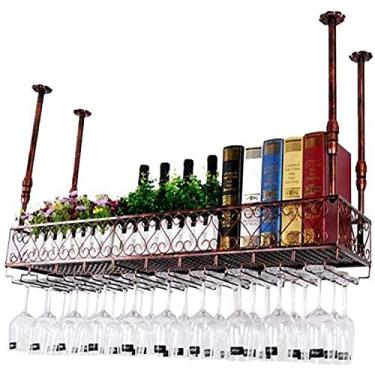 Imagem de Rack de vinho vintage europeu com suporte de vidro - Prateleira de ferro de 60 x 25 cm para decoração de restaurante e casa, solução de armazenamento de teto elegante, acabamento marrom rústico