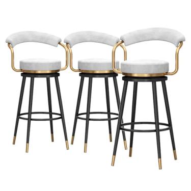 Imagem de Conjunto de 3 bancos de bar com altura de balcão giratório, banquetas de veludo estofadas com encosto oco, cadeiras de bar para ilha de cozinha, moldura de metal preta, altura do assento 75 cm, branco