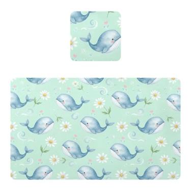 Imagem de Burbuja Jogo americano conjunto de 2, tapetes de mesa de cozinha fofos de margarida de baleia em PVC, antiderrapante, resistente ao calor, à prova d'água, para mesa de jantar, lavável, 30 x 45 cm