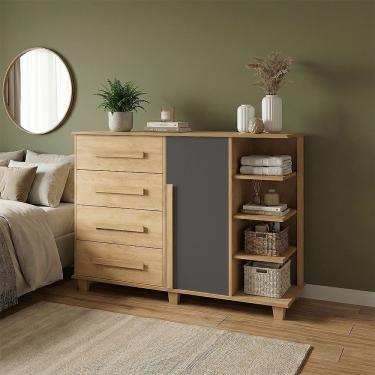 Imagem de Cômoda Andorra 4 Gavetas 1 Porta C/ Nichos Organizadora Quarto Bebê Infantil - Cinamomo/grafite