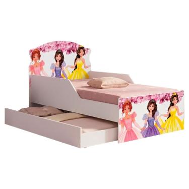 Imagem de Mini Cama Infantil Lívia com Cama Auxiliar Princesas MDF Rosa com Grade de Proteção Mil...