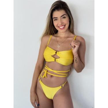 Imagem de Biquíni Top Faixa De Amarração Com Bojo E Argolas Amarelo - Mf Fashion