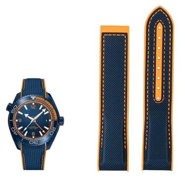 Imagem de BCMCBV Pulseira de relógio de borracha de nylon de 20 mm 22 mm para Omega SEAMASTER PLANET OCEAN Men Deployant Clasp Strap Watch Watch Accessorie Silicone Watch (Cor: Azul laranja, Tamanho: 22mm)