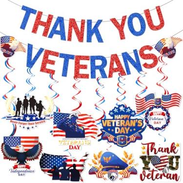 Imagem de Decorações do Dia dos Veteranos Faixa de Agradecimento aos Veteranos com glitter Banner Feliz Dia dos Veteranos Dia Memorial Dia dos Veteranos Decorações patrióticas Americanas com Decorações Suspensas Temáticas de Veteranos para Saudação Dia dos Veteranos Decorações de Festa Tema Suprimentos
