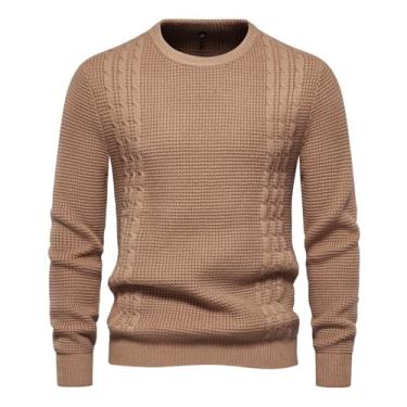 Imagem de Camisa masculina de malha waffle com gola redonda, suéter fino com borda canelada lisa pulôver inferior, Café, XG