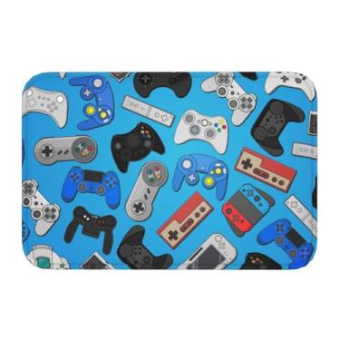 Imagem de Jbofyee Controlador de videogame com fundo azul, tapete de banheiro de microfibra macia antiderrapante, tapete lavável, tapete de entrada para banheira, chuveiro, chão, tapete de 61 x 40 cm