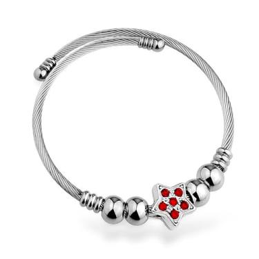Imagem de Pulseira Bracelete com Berloques Estrela Cravejada na cor Prata em Aço inox 316l Antialérgico Hipoalérgico Estrela Pingente (Vermelho)