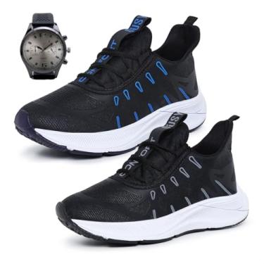 Imagem de Kit 2 Tênis Casual Esportivo Masculino Para Caminhada Super Macio e Confortável com Relógio Combo (Preto+Preto/Azul, BR, Adulto, Numérico, 37)
