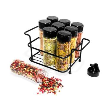 Imagem de Porta Tempero Condimento 9 Potes Plástico Tampa Dosadora Suporte Preto Organização Cozinha
