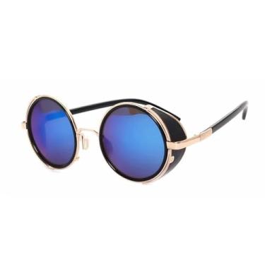 Imagem de Óculos de sol vintage para mulheres, steampunk, retrô, com revestimento, redondo, punk, uv400 (azul dourado)
