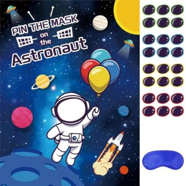 Imagem de Pin The Mask on The Astronauta, Jogos de aniversário temáticos espaciais para 24 peças, primeira viagem ao redor do sol, pôster de astronauta com 24 adesivos, decorações espaciais para festas e