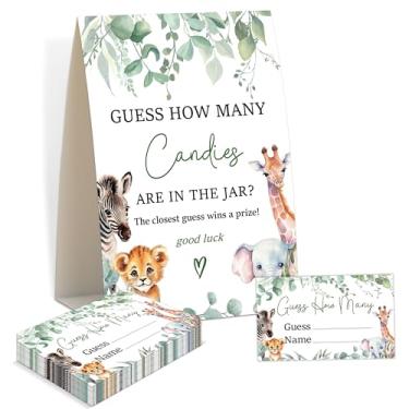 Imagem de Jogos de chá de bebê - Safari Jungle Adivinhe quantos doces estão no pote, 1 placa e 50 cartas de adivinhação, jogo de revelação de gênero, suprimentos de decoração de chá de bebê verde (KA12)