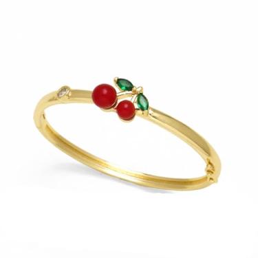 Imagem de Bracelete feminino banhado a ouro 18 k vermelho esmaltado cereja com strass de cristal CZ verde fofo adorável comida doce fruta punho pulseira aberta pulseira empilhável declaração única joia moderna
