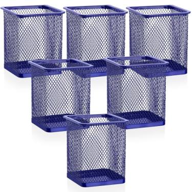 Imagem de Segarty Porta-copo de caneta, pacote com 6 porta-canetas quadrado azul escuro para mesa, lindos copos de lápis de malha de metal, conjunto organizador para material de escritório, sala de aula, mesa