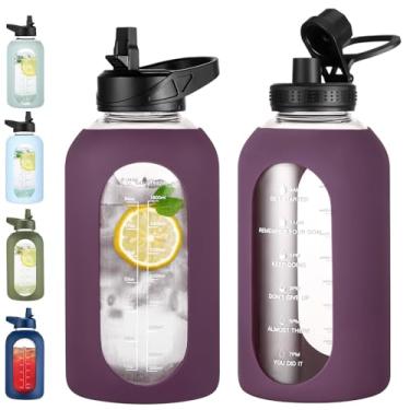 Imagem de EALGRO Garrafa de água de vidro de 1,8 l com canudo e alça, frasco de água motivacional esportivo de 1,8 litro com manga de silicone, copo de água grande com marcador de tempo para viagem, academia