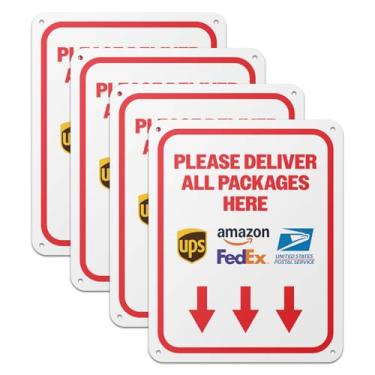 Imagem de 101SIGNCITY - 20,3 x 25,4 cm, pacote com 4, placa de entrega de embalagem de alumínio - Por favor, entregue todos os pacotes aqui placa com película protetora para uso ao ar livre