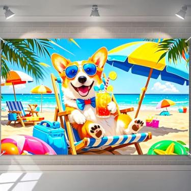 Imagem de BlissYard Faixa de Happy Birthday Beach Corgi Party Decrations Summer Fun Design Relaxante Cachorro Óculos de Sol Bebida Palmeiras Guarda-chuvas 180 x 109 cm para Crianças Adultos Fundo Fotografia