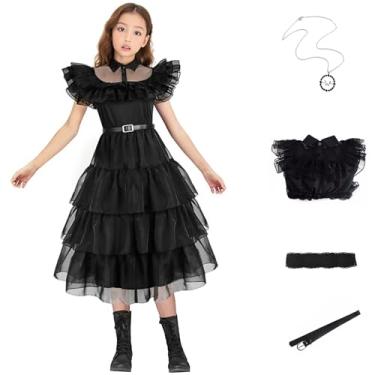Imagem de Vestido feminino vintage gótico preto fantasia cosplay menina dança tule saia de renda roupa de festa de Halloween com colar, Vestido infantil, 140