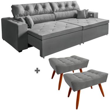 Imagem de Sofá 5 Lugares Smart Retrátil, Reclinável 3,02 Metros com Carregador 3 Portas USB e 2 Puffs Cinza