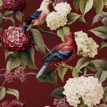 Imagem de VEELIKE Papel de parede vintage marrom pássaro descascar e colar hortênsias papel de parede floral para quarto banheiro 48 cm x 38 cm papel de parede autoadesivo chinês papel de contato floral