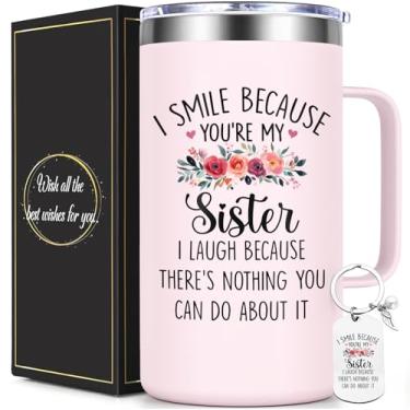 Imagem de Lifecapido Sister Gifts from Sisters, I Smile Because You're My Sister Caneca de café isolada de 590 ml com chaveiro, presentes de aniversário e Natal para irmãs, quartzo rosa