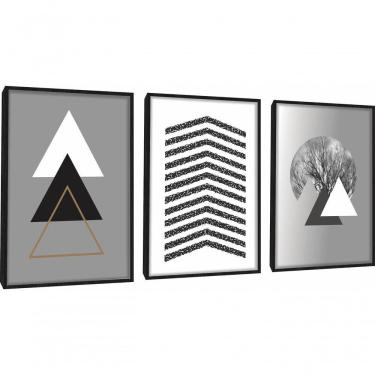 Imagem de Quadro Decorativo Triângulos árvore Cinza Com Moldura Preto