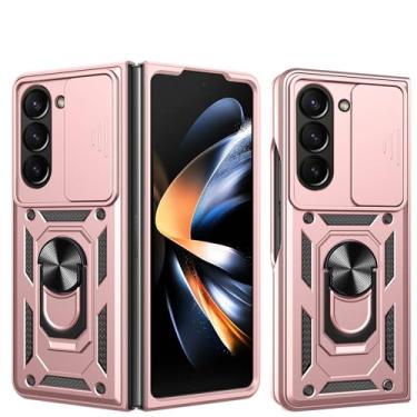 Imagem de RKINC Capa para Samsung Galaxy Z Fold 6 com capa deslizante para câmera e anel giratório com suporte de grau militar à prova de choque com suporte magnético para carro, ouro rosa