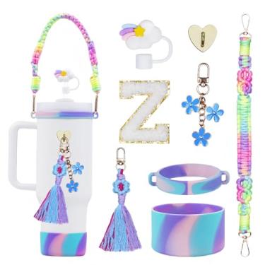 Imagem de Rabrgab Conjunto de acessórios para copos Stanley com inicial de 8 peças para 1,134 g, 850 g 590 g - Presentes para meninas adolescentes, copo de decoração com alça, enfeite de palha arco-íris