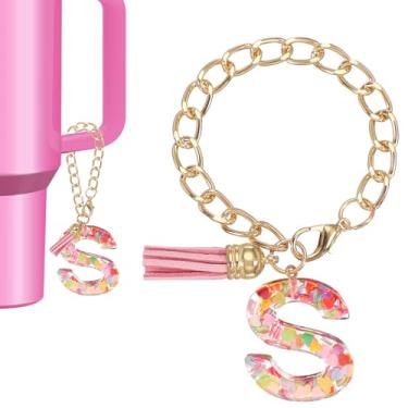 Imagem de Berloque de letras para copo Stanley, lindo pingente inicial S acessórios para chaveiro Stanley Tumbler Handle chaveiro personalizado para mulheres, rosa