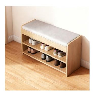 Imagem de HGTRH Banco de madeira maciça, suporte de armazenamento de sapatos aberto com almofada de assento macia e cantos redondos, amplo espaço de assento, placa horizontal ampla para suporte de carga estável