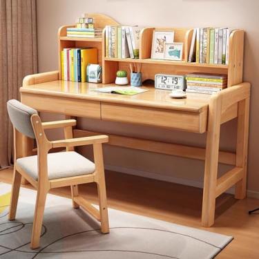 Imagem de Mesa de computador de madeira soild com cabana, mesa de escritório em casa com prateleiras para pequenos espaços, mesa de trabalho de PC com economia de espaço para quarto e apartamento com gaveta