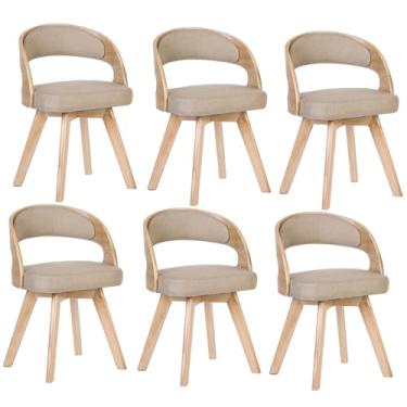 Imagem de HGTRH Cadeiras de jantar de madeira, cadeira estofada giratória com almofada de linho de algodão e arco oco pernas de madeira para quarto cozinha B 6 peças