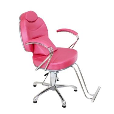 Imagem de Cadeira de Barbeiro Reclinável Profissional Giratória com Base Hidráulica – Salão e Barbearia (ROSA PINK ACETINADO)