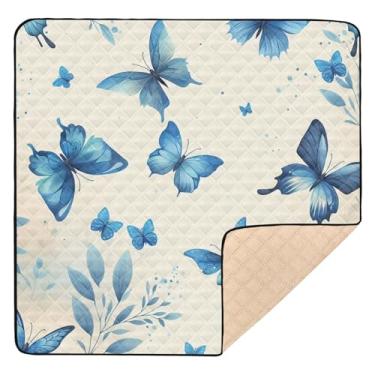 Imagem de Qilmy Tapete de brinquedo de bebê Blue Butterfly 127 x 127 cm, tapete macio à prova d'água para bebês pequenas, tapete antiderrapante lavável para cercadinho