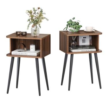 Imagem de Conjunto de 2 mesas-de-cabeceira, mesa lateral pequena para pequenos espaços, mesa de cabeceira moderna de meados do século com armazenamento aberto do lado direito, mesa lateral para quarto, sala de