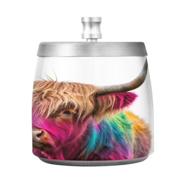 Imagem de Qilmy Cinzeiro Highland Cow de aço inoxidável com tampa - Cinzeiro de cigarro à prova de vento sem cheiro sem fumaça para casa, escritório, carro, pátio, varanda (uso interno e externo)