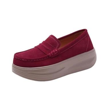 Imagem de Sapatos casuais femininos elegantes e confortáveis, cor sólida, bico redondo, fechado, raso, altura de um pé, salto cunha, Vinho vinho, 36