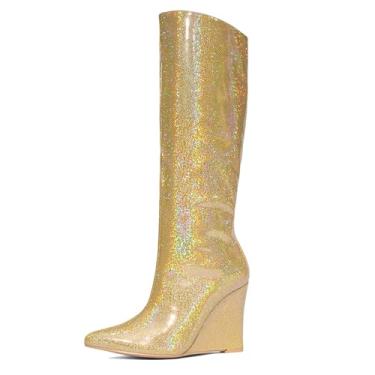 Imagem de NEWBELLA Botas femininas de cano alto com glitter - salto plataforma com lantejoulas brilhantes e bico fino para festas e noites, Dourado, 37