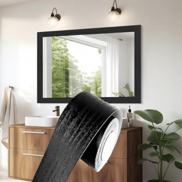 Imagem de YESUS Grão de madeira cinza escuro 3D 10 m moldura de papel de parede removível PVC à prova d'água descascar e colar papel de parede, adesivo de moldura de banheiro decoração de parede (preto, 5 cm x