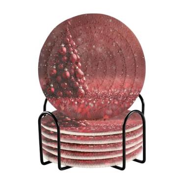 Imagem de Blueangle 6 peças de porta-copos de bolas vermelhas de Natal para bebidas, porta-copos de tecido redondo super absorvente para mesa de café, proteção de mesa para decoração de casa (514)