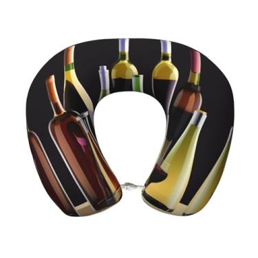 Imagem de XLLingL Travesseiro de viagem com estampa de copos e garrafas de vinho para avião, almofadas de pescoço de espuma de memória, travesseiro macio essencial de viagem
