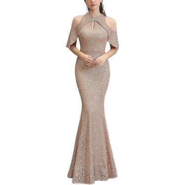 Imagem de Vestido De Noite Feminino Formal Com Gola Alta Manga Curta Lantejoulas Slim Fit Vestidos De Coquetel, Pink, XL