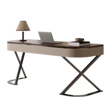 Imagem de hezhuhe2258 Mesa de computador para escritório em casa moderna retrô estação de estudo de trabalho, mesa executiva espaçosa para escritório doméstico com estrutura de aço estável em forma de X (L)