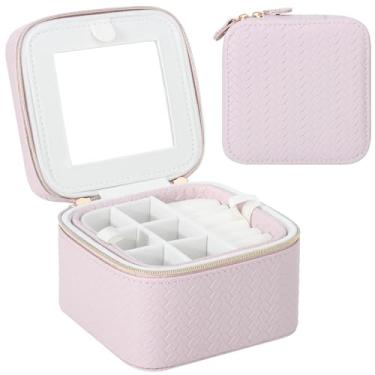 Imagem de DesignSter Estojo de joias de viagem para mulheres, pequena caixa de joias de viagem com espelho, 12 x 12 x 9 cm, organizador de joias de viagem com design portátil, zíper de cabeça dupla