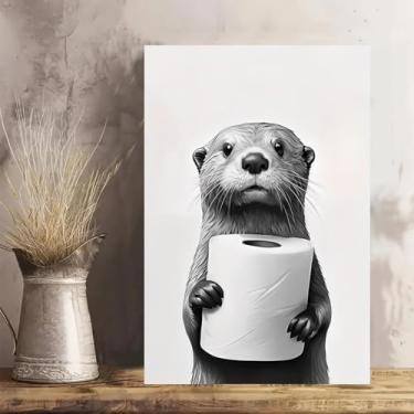 Imagem de Otter Holding Rolo de papel higiênico vintage rústico arte de parede - Pôster sem moldura de 30,5 x 45,7 cm - Ideia de presente para decoração de casa e escritório para sala de estar, quarto, cozinha